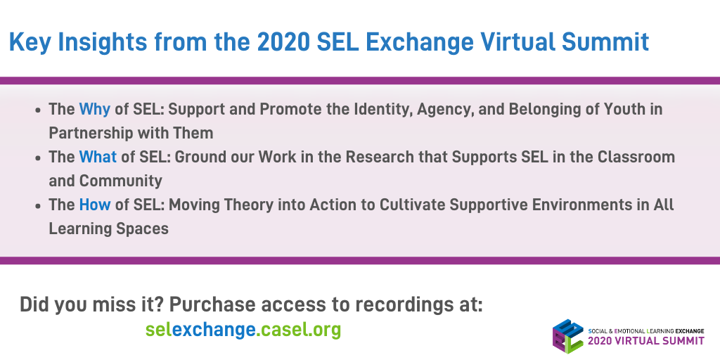 2024SELExchange's tweet image. Get highlights from the #2020SELExchange Virtual Summit in the @caselorg newsletter, including the ‘Now’ of #SEL: Carrying Our Commitment Forward to Advance #SEL as a Lever for Equity  buff.ly/3jJAsnR