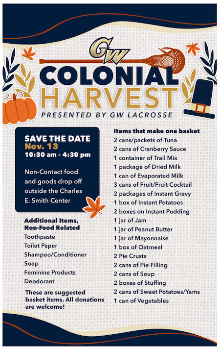 GW_Lacrosse's tweet photo. Here is our list of suggested items to fill your basket! ⬇️ #RaiseHigh https://t.co/9qycy1RLDg