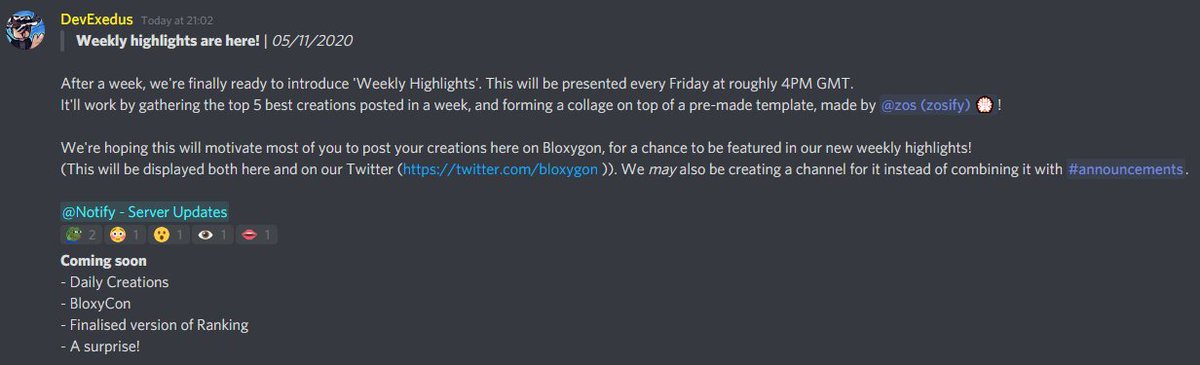 bloxygon's tweet photo. As our community slowly grows, we're introducing a new 'Weekly Highlights' programme, this will start tomorrow at 4PM GMT time.

Read below for more info!
#RobloxDev | #Roblox https://t.co/JZFoG2gJ8H