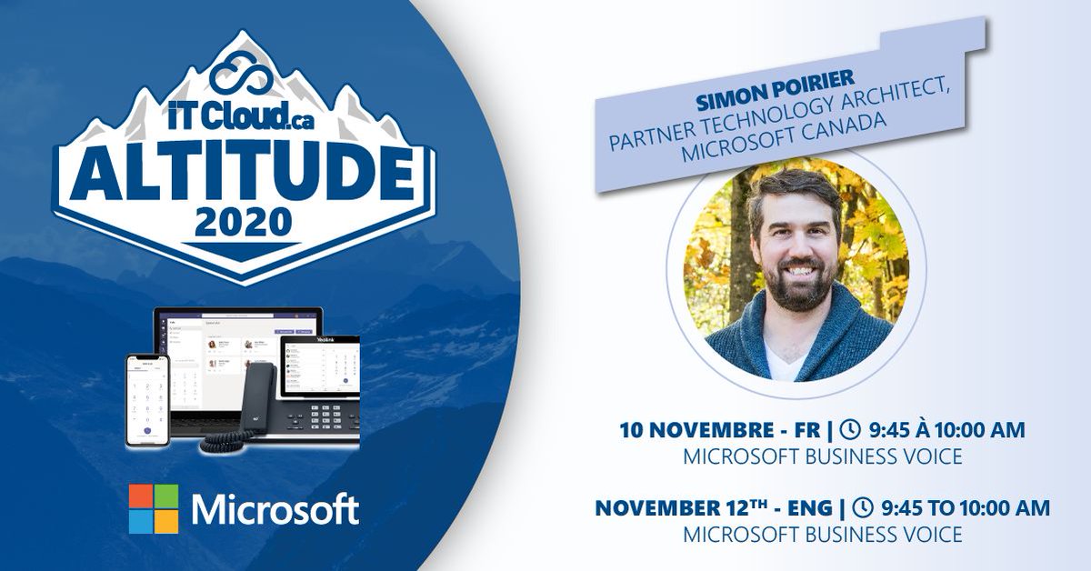 ITCloudLaura's tweet photo. Apprenez-en plus sur Microsoft Business Voice lors de notre congrès virtuel #Altitude2020 avec Simon Poirier, Architecte Technique Partenaire chez Microsoft Canada. https://t.co/AqBt6S7FsO