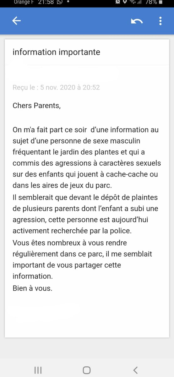 baabeepluto's tweet photo. 🚨 sur le mans, la directrice de l'école de mon cousin vient d'envoyer un message aux parents d'élèves : un homme qui fréquente souvent le jardin des plantes agresse sexuelle des ENFANTS et il est recherché par la police. faites attention !!! et partagez au max 🚨 https://t.co/u03QjoAQhC