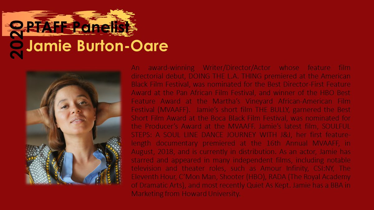 ptafilmfestival's tweet photo. Meet 2020 PTAFF Panelist, Jaime Burton-Oare, who is participating on the “Colorism, ADOS and Hollywood” panel on November 8th!

@ptafilmfestival @soulfulstepjj #artivism #artist  #ptafilmfestival  #producer #writer #detroitnative #actor #director https://t.co/cBjBqH074V