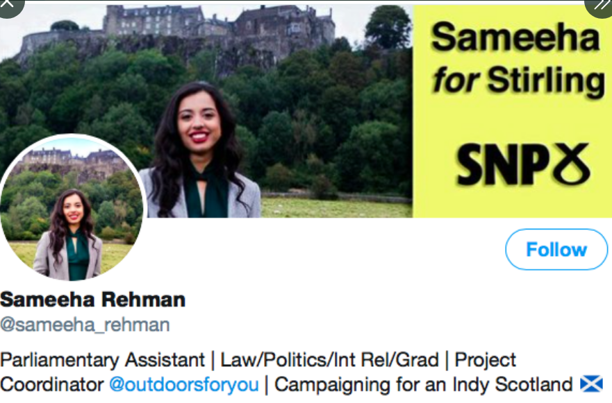 WomensPledge's tweet photo. Final reminder - If you live in the Stirling constituency vote for Sameeha Rehman to be your SNP candidate for the #ScottishElection2020. Voting closes at noon tomorrow. https://t.co/rmjLnZW4mw