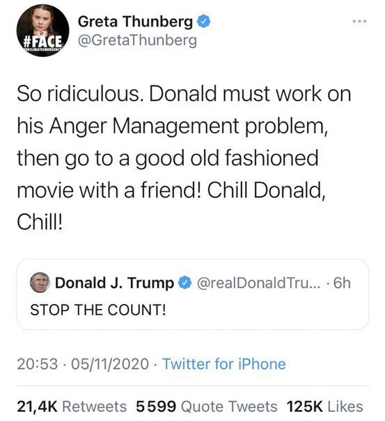 lang_towers's tweet photo. Greta is ice, she waited a full year to troll Trump, and her timing was epic! https://t.co/SaOIV7O1rY