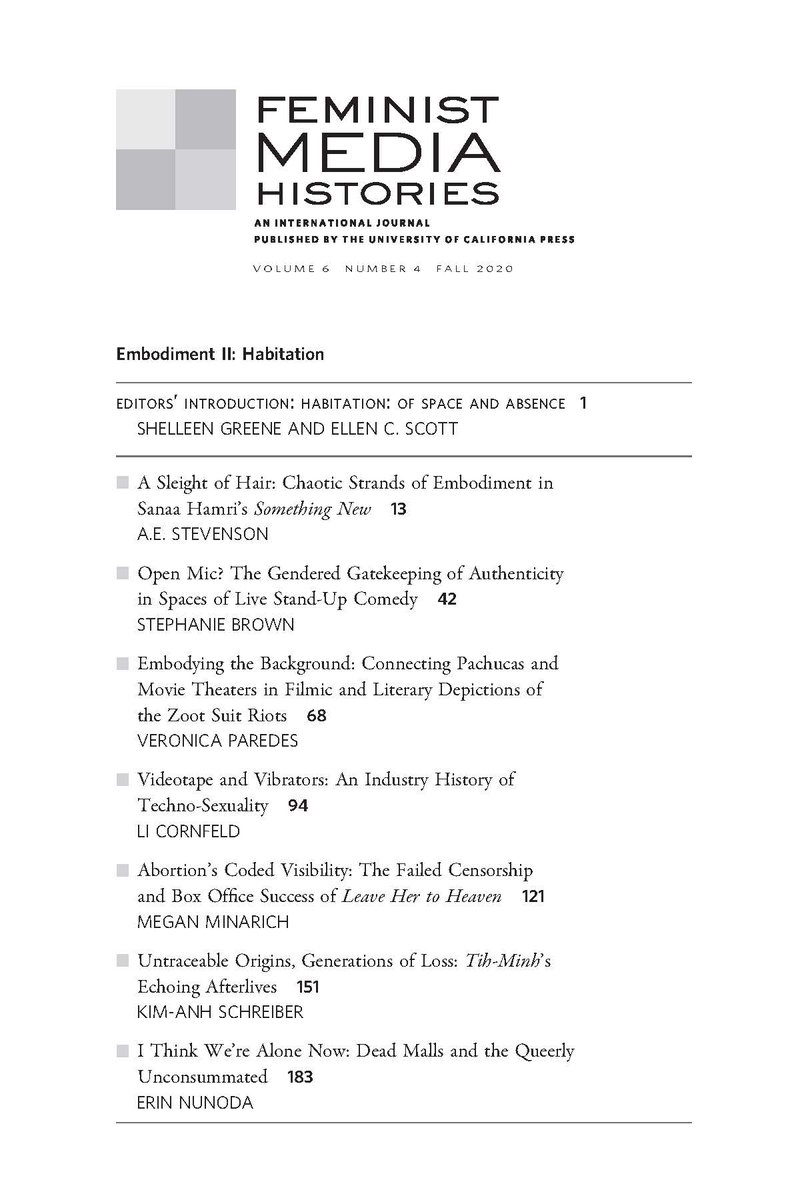 FemMediaHist's tweet photo. While you're waiting, our Fall issue Embodiment II: Inhabitation is live! Co-edited by Shelleen Greene&amp;Ellen C. Scott, it features work by A.E.Stevenson @stephbrown @lisydney @vaparedes Kim Schreiber, Megan Minarich&amp;Erin Nunoda. Check them out at https://t.co/ELzpBYzcv8 https://t.co/L9RQxSYjdJ