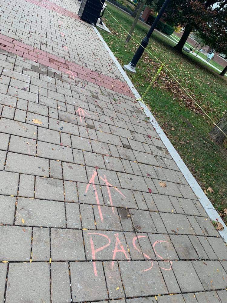 mcguik's tweet photo. Pictures from the last farmers market of the year, chalk markings for social distancing. Lots of people don't follow these guidelines; some don't care, but I think others don't/can't see them. Any ideas about what kind of pop-up designs could have been more effective? #coms324 https://t.co/aUWjlhzv1C