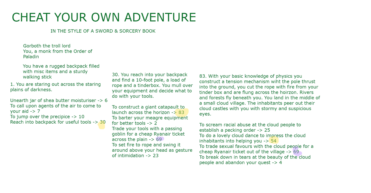 teromemcnally's tweet photo. played Cheat Your Own Adventure with @SellPen, @TheLadyAmelia, C &amp; P, and told each other the CYOA story of Gorboth, the Troll King https://t.co/U5yfebiGPd