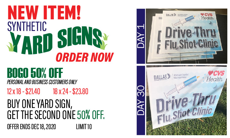 DISD_Graphics's tweet image. NEW type of Yard signs! 
Celebrate a birthday, promote your business or direct traffic with our BOGO 50% OFF promo. Limited time only! 
Call us: 972.925.3178
Email us: graphicsinfo@dallasisd.org
