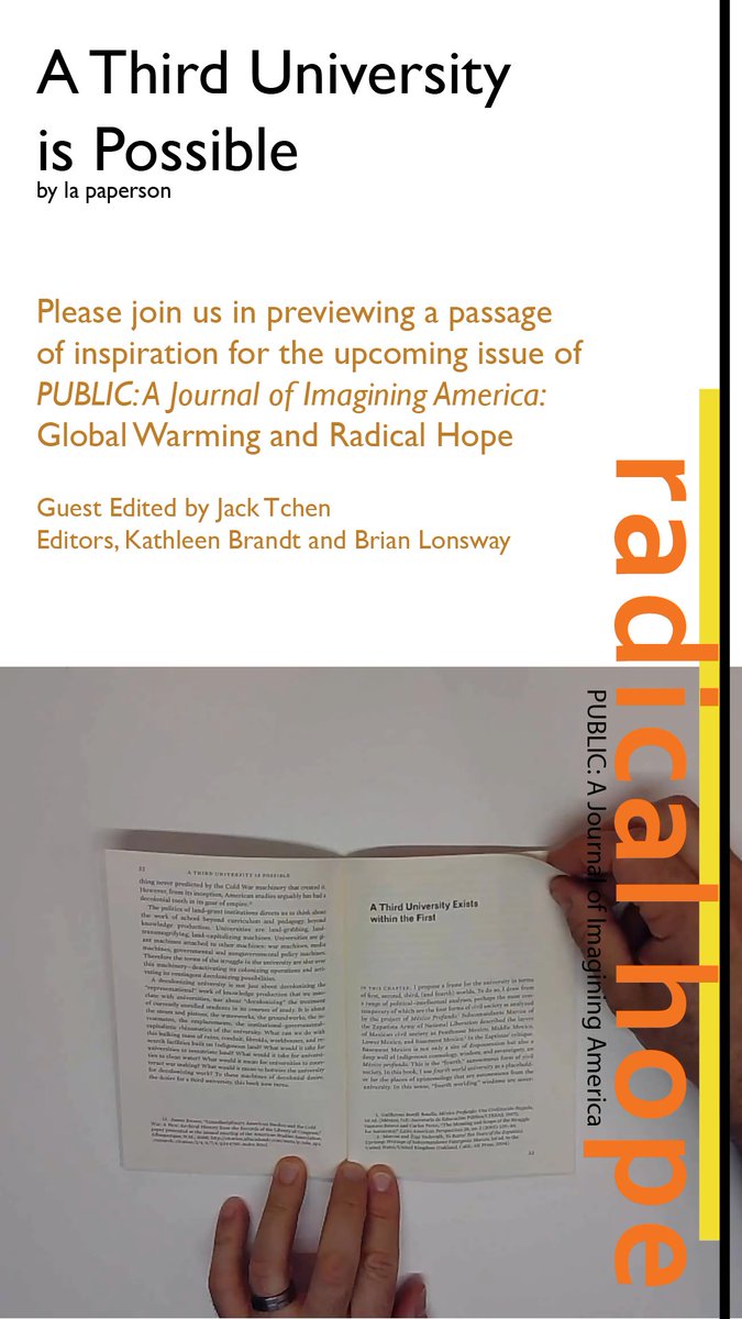 ImaginingAmer's tweet photo. We welcome you to a preview of our upcoming issue of PUBLIC: A Journal of Imagining America.

@PUBLICJournalIA
 
#climatechange #globalwarming #radicalhope #jacktchen #kathleenbrandt #brianlonsway https://t.co/Nux4za3XrX
