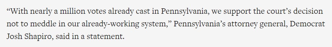I especially enjoy how Dems are spinning the PA case as an incident of GOP "meddling" & attacking long-standing PA elections law. They're not. Dems were the ones who effectively got the law modified by constitutionally-questionable means just 2.5 months before the election.