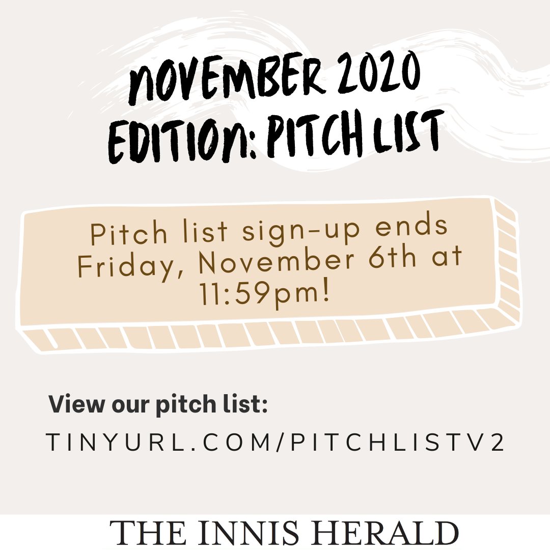 TheInnisHerald's tweet photo. 📣 FINAL CALL FOR NOVEMBER SUBMISSIONS 📣
🔗 https://t.co/nBDyp7DB0B
#InnisCollege #InnisHerald #UofTStudentLife #UofT #UniversityofToronto #Toronto #News #Newspaper #Publication #The6ix #Canada #gta #TorontoLife #UofTNews #Journalism #Updates #TorontoUpdates https://t.co/VTXfIhdwXS