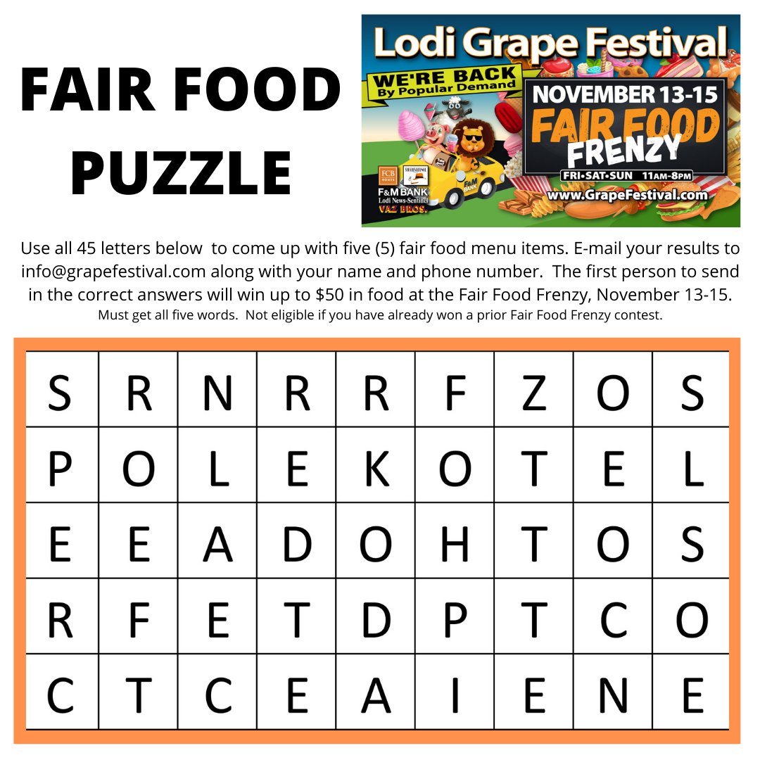 LodiGrapeFest's tweet photo. NEW CONTEST ALERT!  This is a tough one - but it will sure taste good if you win!  Another $50 in food is up for grabs at Fair Food Frenzy November 13-15, 2020.  #lodigrapefestival #lgffairfoodfrenzy #fairfood #fair https://t.co/ywVvCDd99J