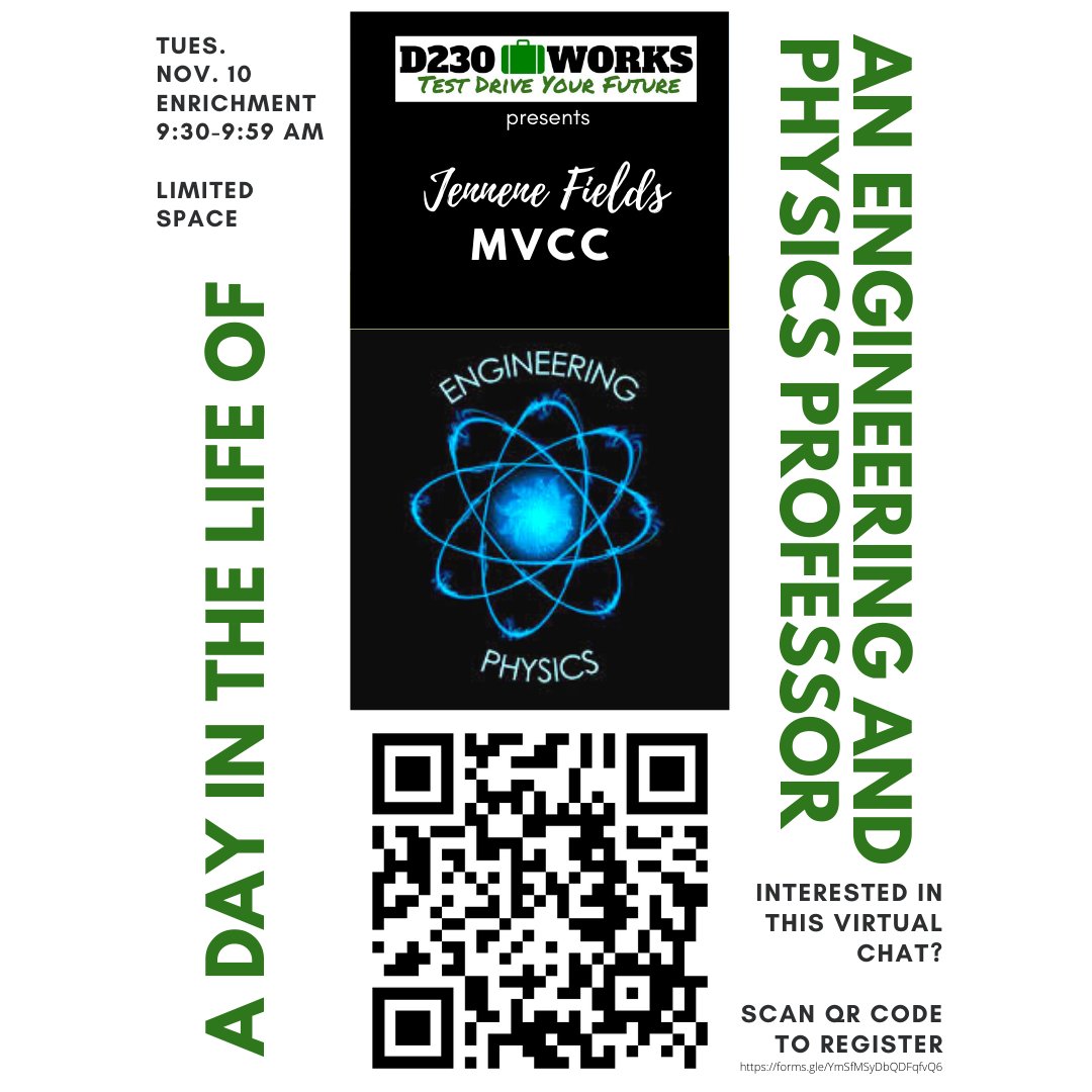 Interested in engineering? Join our "A Day in the Life of" series and virtually chat with an Engineering and Physics Professor and Electrical Engineer during Tbolt time on Tuesday, 11/10. @Rnolting21  docs.google.com/forms/d/e/1FAI…