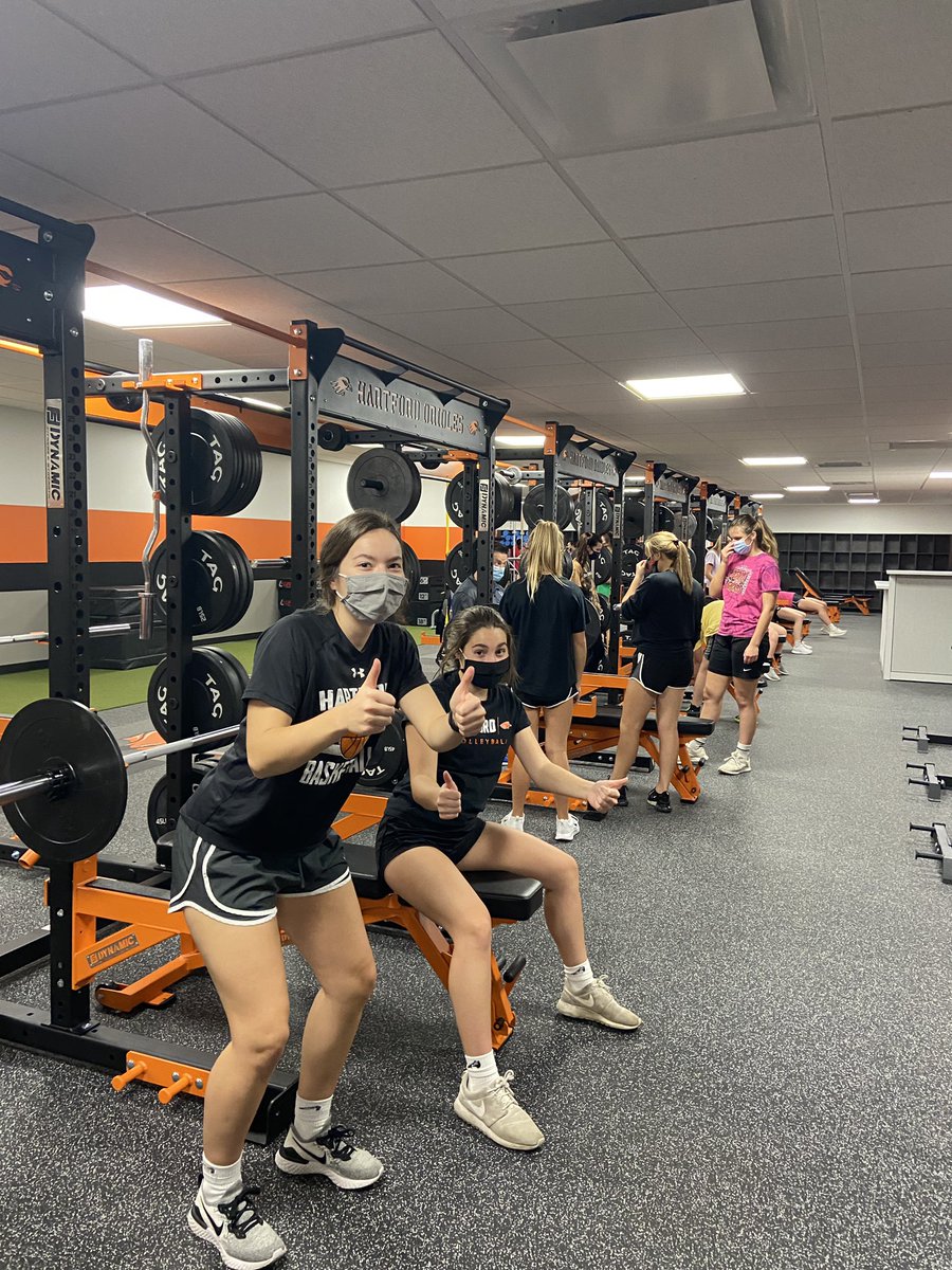 HUHSGbasketball's tweet photo. Girls basketball enjoying our first chance to try out the new weight room! What an asset for a program! #84feet #hittheline #finishtherep https://t.co/q8dKIjgUui