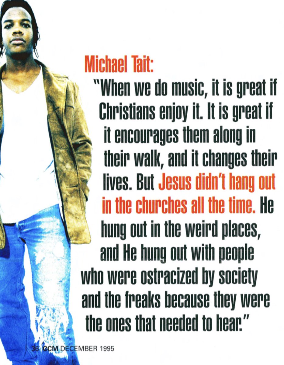 dctalkofficial's tweet photo. “...Jesus didn’t hang out in the churches all the time. He hung out in the weird places, and He hung out with the crazy people who were ostracized by society and the freaks because they were the ones that needed to hear.” @michaeltait7 in @CCMmagazine 1995. #JesusFreak25 https://t.co/cUq73T02TE