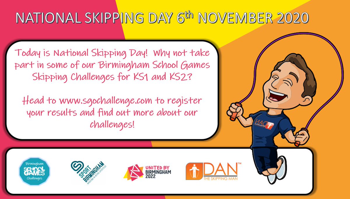 Today is National Skipping Day – we have partnered with <a href="/Dan_DTSM/">DantheSkippingMan®</a> to provide some skipping challenges for primary schools across Birmingham to complete this half-term as part of @Birmingham_SGO online challenges 

#BhamSchoolGames