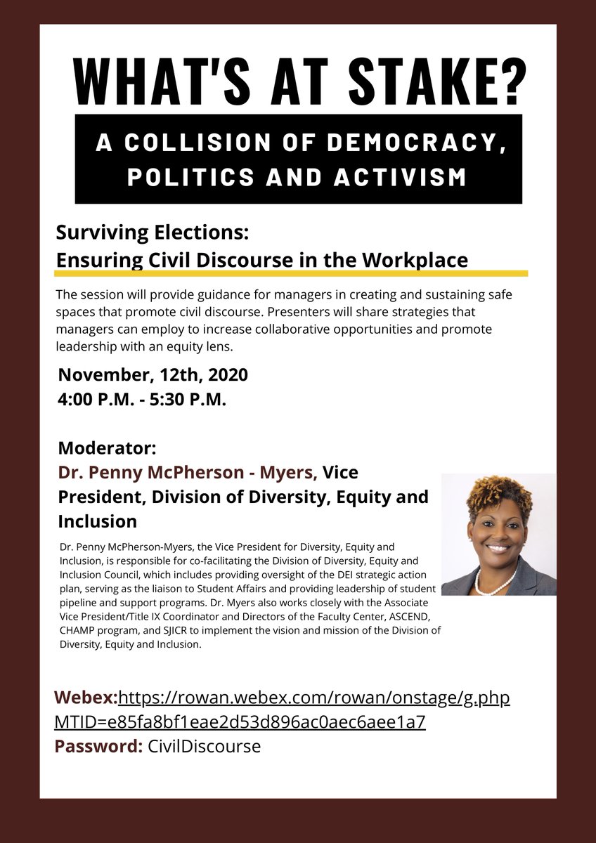mrbexperience's tweet photo. Please join us for a frank discussion on navigating tensions at work in order to encourage civil discourse #rowanstrong #leadership @RowanUniversity @RowanNews @RowanSSP @RowanSGA @RowanAthletics @RowanGlobal @RowanRCB @RowanPsychiatry https://t.co/YblGAi1JqA