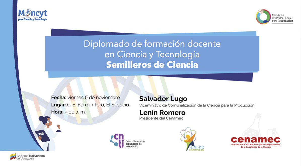 Ya se viene el diplomado de formación docente en Ciencia y Tecnología Semilleros de Ciencia.

Este espacio pedagógico permitirá crear colectivos de gestión de conocimientos para fortalecer el programa nacional de ciencia desde la cuna.

Este 6-O inician los primeros 100 docentes.