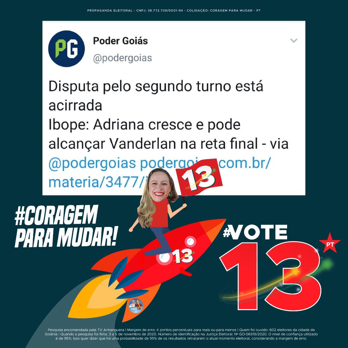 Adriana_Accorsi's tweet photo. A HORA DA VIRADA CHEGOU! O Ibope mostra que estamos
subindo e isso acontece porque temos projetos e  compromisso com as pessoas e com a nossa cidade. Cada voto vale! Vamos virar voto e chegar ao segundo turno! Tenho Coragem para mudar! Vote 13! #horadavirada  #vote13 https://t.co/Aib5DoQ5Nh