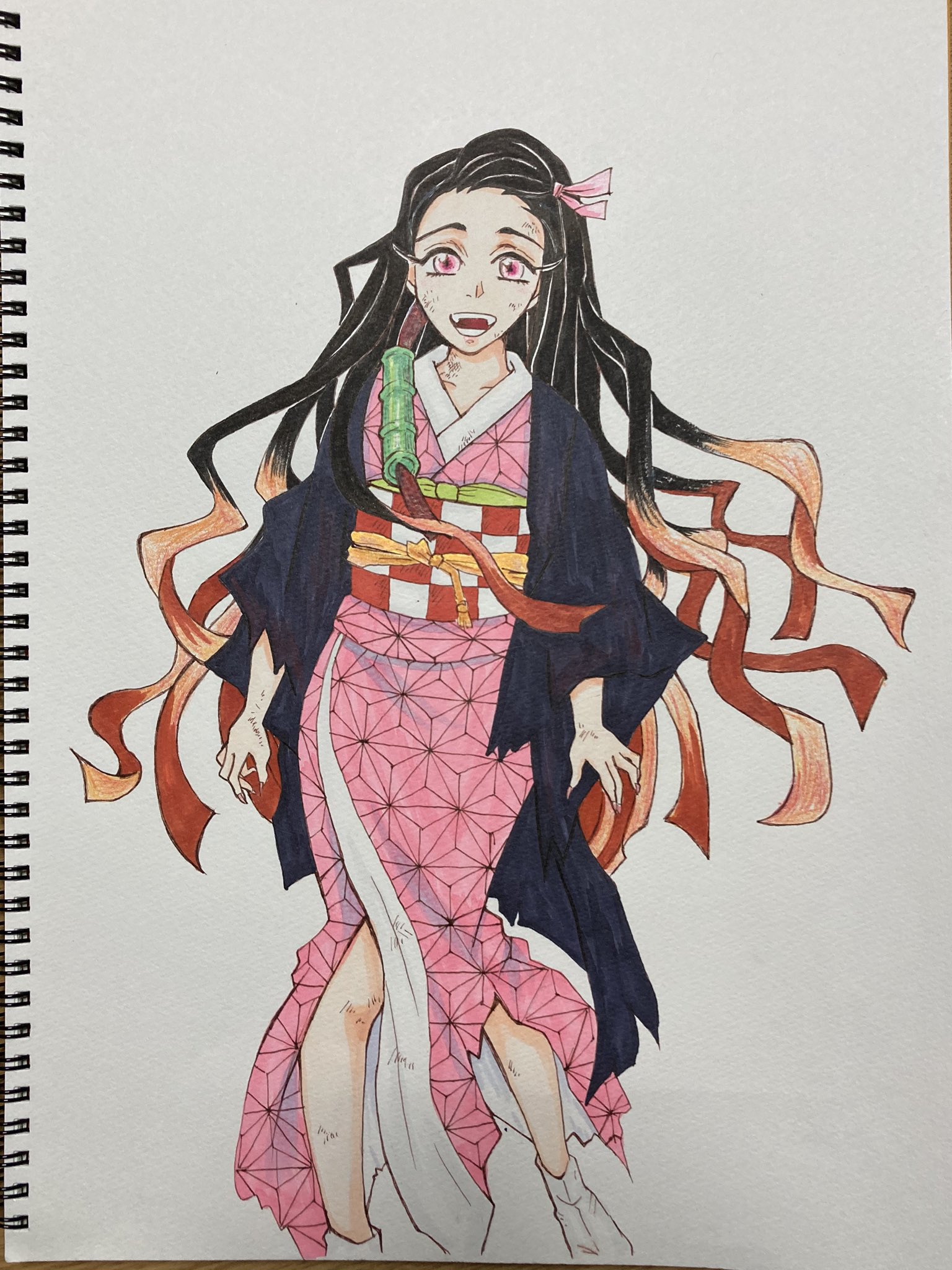 Zenshow Masanaga Twitterren 禰豆子 イラスト 初めて描いてみたシリーズ ねずこの着物柄もちゃんと手描きしたのだよ笑 コピック 色付け完了 後で背景入れたものもアップしようかと思います 鬼滅の刃 鬼滅の刃イラスト 竈門禰豆子 絵 Art Illustration