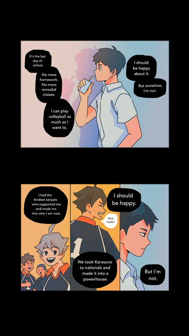 Two slow dancers last ones out.

Day 7: Kagehina | Couldn't decide whether it's Realizations/Firsts and Lasts/Goodbyes/Anime/Manga scene so I decided Free Day ✌️?
#HaikyuuAngstWeek2020  #kagehina 