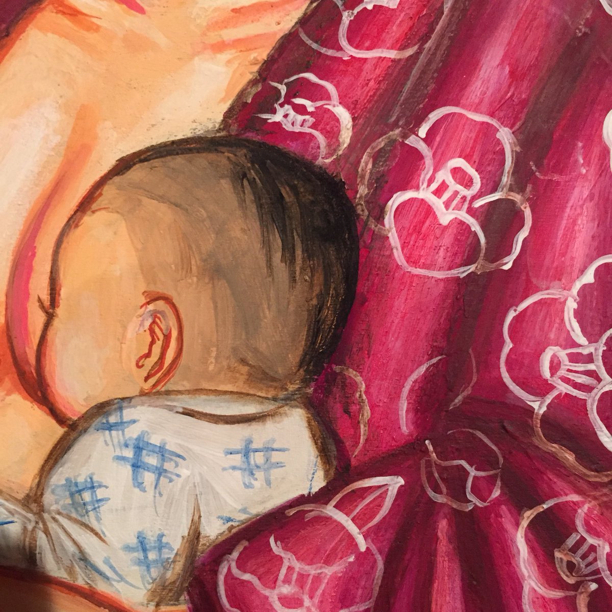 「個展6日目11時オープン!在廊中。作品タイトル「授乳」個展「茶封筒コレクション」」|吉岡里奈のイラスト