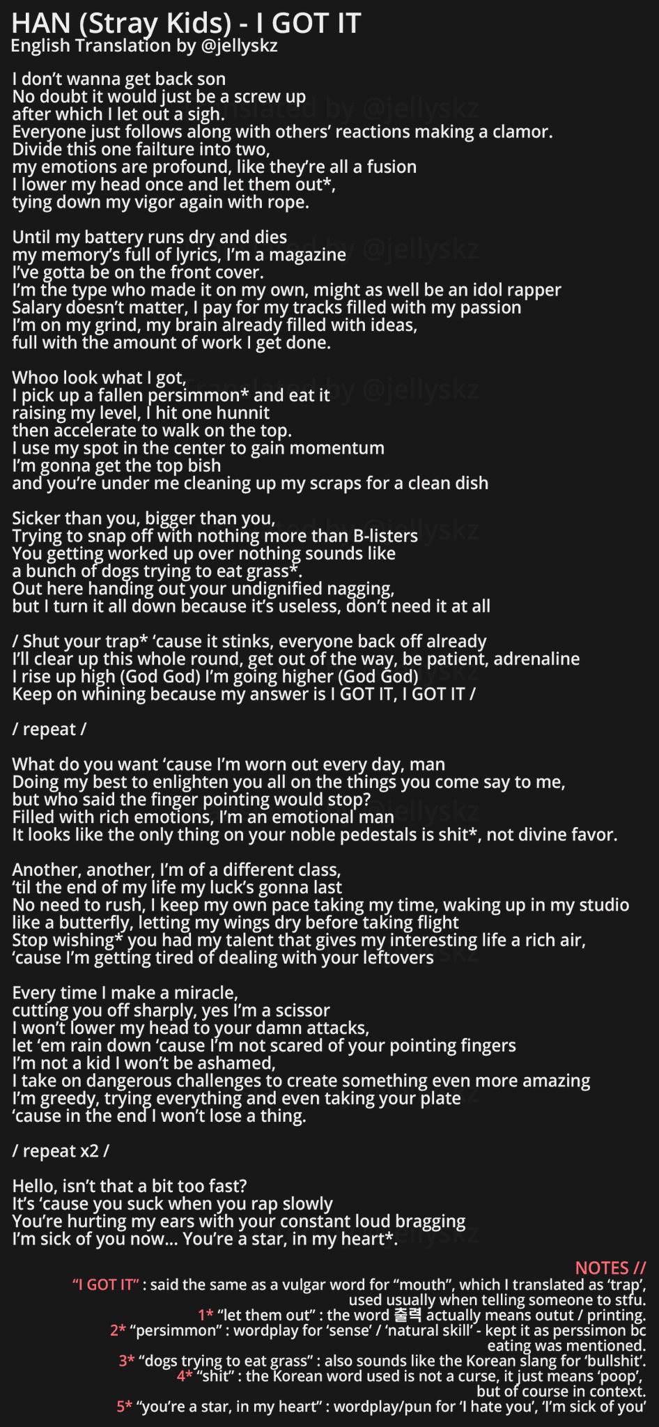 젤리빈 Jelly Bean🍎 on Twitter: "#StrayKids #HAN - I GOT IT English  Translation Translation notes are at the bottom. Please credit when  using/reposting, please don't crop the image. #스트레이키즈 #한 #SKZ_Record  @Stray_Kids