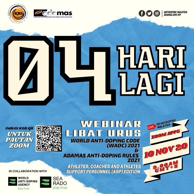 ADAMAS_Malaysia's tweet photo. 4 DAYS TO GO!
ayuh atlet, jurulatih dan orang ramai. dapatkan maklumat tentang hak-hak atlet dan FAQ tetang makanan tambahan.
daftar di: https://t.co/5YOYwtfQIz
#WADC2021
#SayNoToDoping
#PlayTrue
#PurePerformance
#WinClean
#TeamKBS https://t.co/xDMjVPViaU