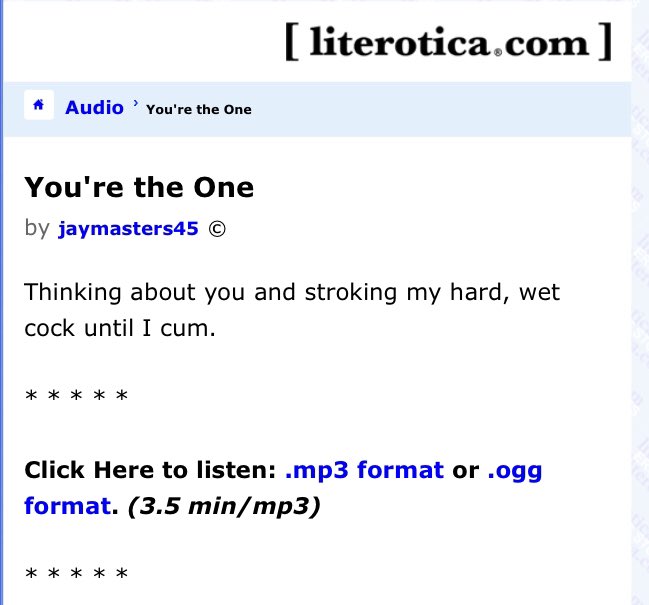 I have a brand new audio out on @literotica today! Check out my audio &ldquo;You&rsquo;re the One&rdquo; here: https://t<a class="tags" target="_blank" title="On Twitter" href="/?out=eyJ0eXAiOiJKV1QiLCJhbGciOiJIUzUxMiJ9.eyJpYXQiOjE3MjUxODcyNTMsImlzcyI6InR3cG9ybnN0YXJzLmNvbSIsIm5iZiI6MTcyNTE4NzI1MywiZXhwIjoxNzU2NzIzMjUzLCJyZWRpcmVjdF91cmwiOiJodHRwczovL3R3aXR0ZXIuY29tL2xpdGVyb3RpY2EifQ.-IritbXQMHmVJS6VFA58UzjACTfigKu0GXu8ibYlUshDG3vKtrwbEPeNa6hOT_fE0TUYYT2EJ2uupJBqpGonUg">@literotica</a><a href="/tag/ama"class="tags"><span>#ama</span></a><a href="/tag/erotica"class="tags"><span>#erotica</span></a><a href="/tag/eroticaudio"class="tags"><span>#eroticaudio</span></a><a href="/tag/audioerotica"class="tags"><span>#audioerotica</span></a><a href="/tag/jay"class="tags"><span>#jay</span></a>