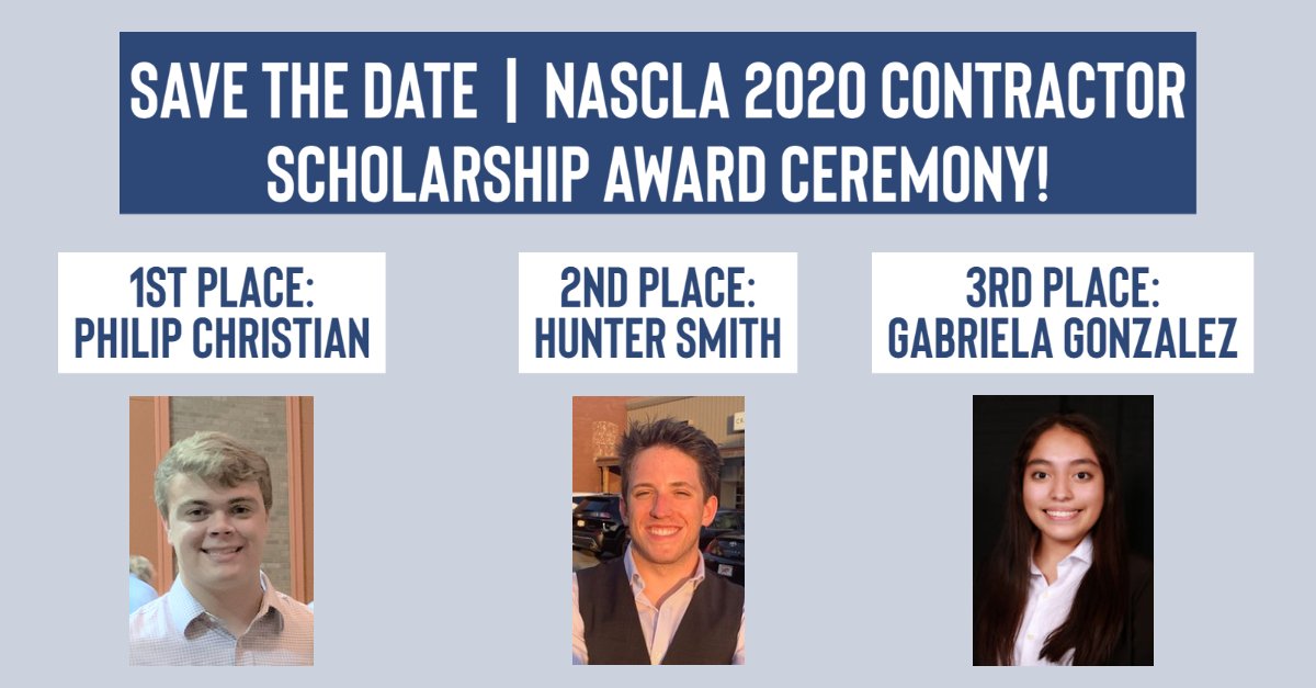 NASCLA1's tweet photo. SAVE THE DATE!

November 17th, 2020

Although we couldn't gather at our NASCLA Annual Conference this year, we are still gathering [virtually] to get to know our NASCLA 2020 Contractor Scholarship Recipients!

Click here for more: https://t.co/9vPgsUUtdX

 #scholarship #nascla https://t.co/wSLFDoi7nY