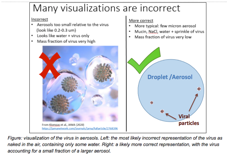 Important: The virus is NOT naked in the air. It is encased in droplets or smaller aerosols (10-1000X bigger than virus). Aerosol size impacts efficacy of masks + air purifiers, *and* how deeply particles penetrate the respiratory tract.Adapted from:  https://docs.google.com/document/d/1fB5pysccOHvxphpTmCG_TGdytavMmc1cUumn8m0pwzo/edit#/3