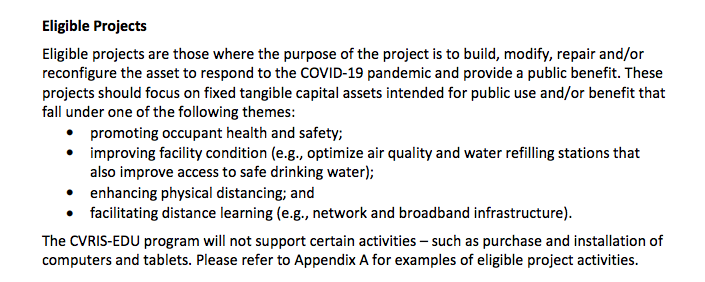 In Canada, Ontario providing $700M of Fed-Prov $ for infrastructure projects in schools. This includes ventilation upgrades. Project CVRIS-EDU (Deadline: Nov 18!)See memo B20 here:  https://efis.fma.csc.gov.on.ca/faab/B_Memos_2020.htm/14