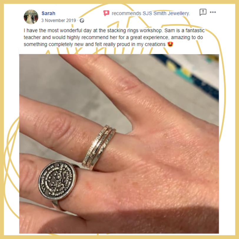 SJSJewellery's tweet image. #testimonial from a lovely customer. Book via: bit.ly/345Xuz8 
#makeyourownjewellery
#silverclassesstockport
#creativeclasses
#jewelleryclass
#jewellerymaking
#jewellerymakingworkshops
#jewelleryworkshops
#learntomakejewellery
#becreative
#learnandplay
#silversmithing