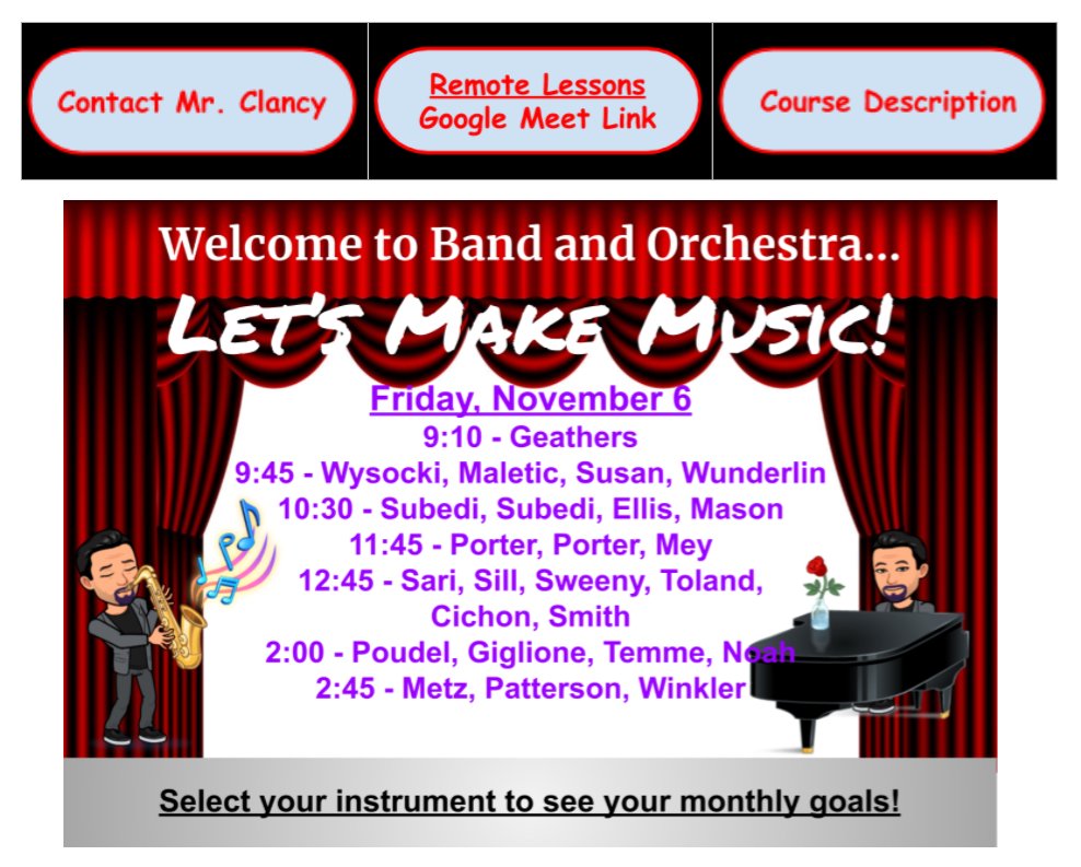 Remote lesson schedule for Friday, November 6, 2020.
Use the Remote Lessons link to join your class.