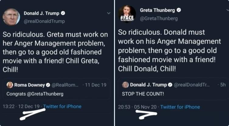 El año pasado Donald Trump chicaneó a <a href="/GretaThunberg/">Greta Thunberg</a>.

Hoy Greta se la devolvió 😂