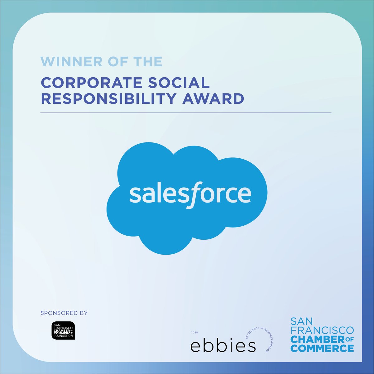 EbonyBeckwith's tweet photo. Thank you, @SF_Chamber for honoring @Salesforce with the Corporate Social Responsibility #Ebbies Award. Congrats to our employees who work tirelessly to prove that business is a powerful platform for change. https://t.co/rKFNLyBUCm