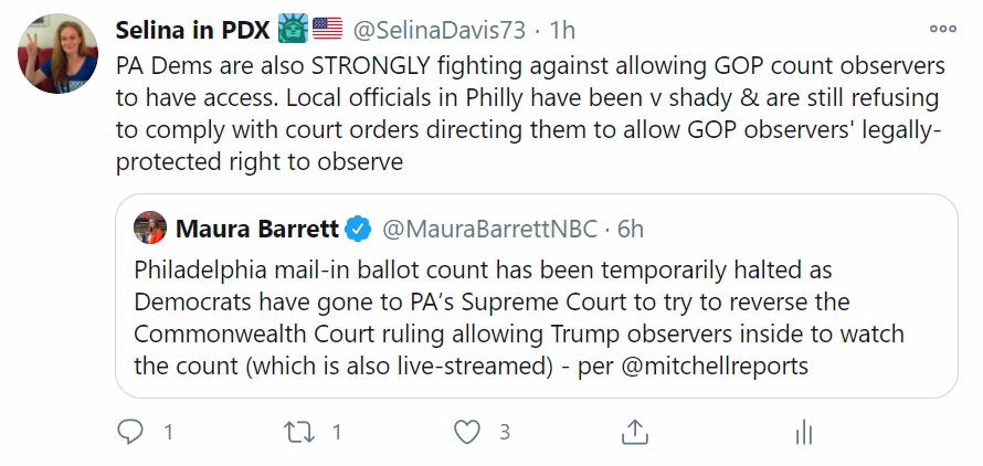 REMINDER: PA stopped ballot counting in Philly in part today bc DEMOCRATS want to force GOP observers out entirely.Yet Twitter is marking a video detailing allegations that elections staff are still depriving observers of legal rights as "disputed."