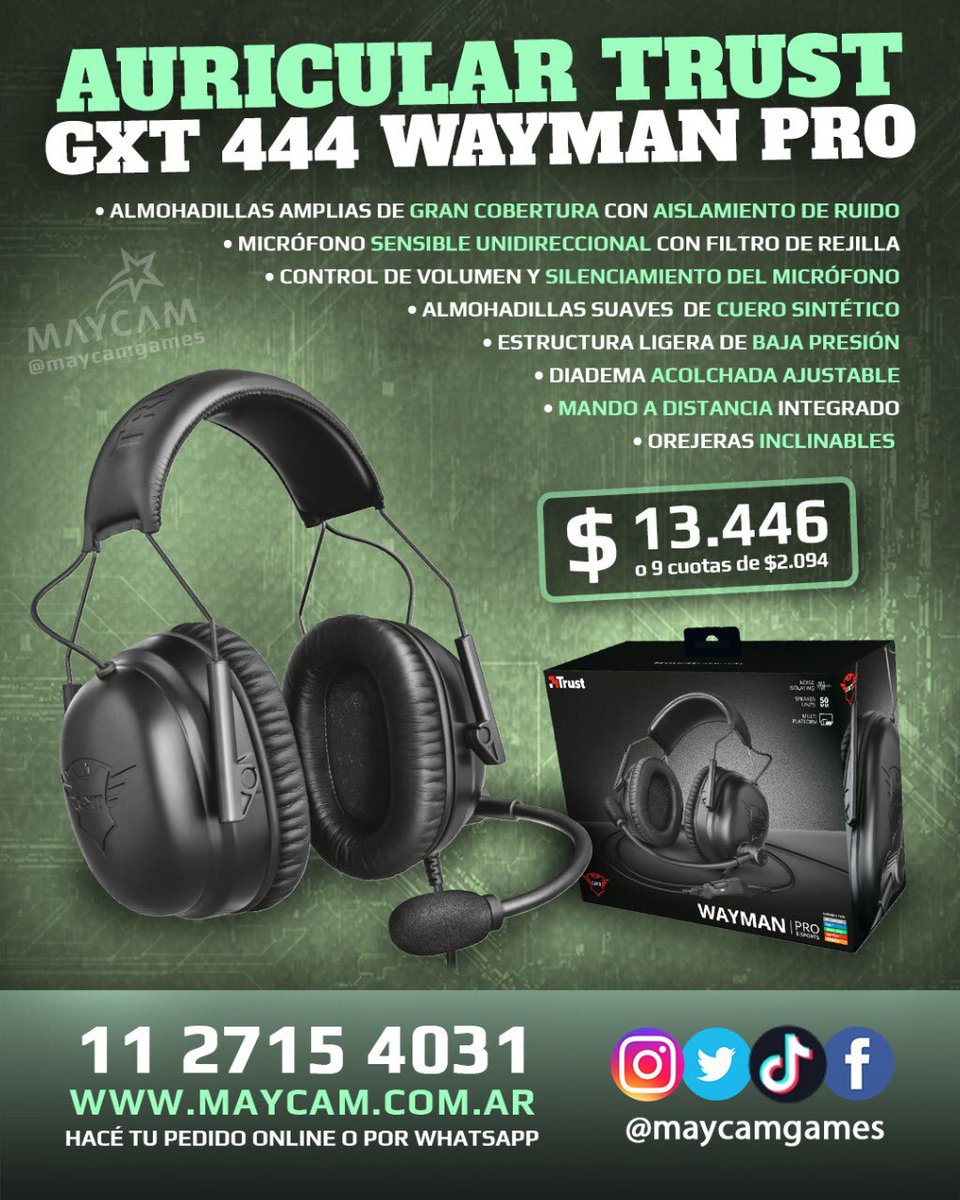 maycamgames's tweet photo. EL GXT 444 WAYMAN PRO DE TRUST SON AURICULARES MULTIPLATAFORMA DISEÑADOS ESPECIALMENTE PARA ESPORTS GAMING!!!
💰 EFECTIVO / DEP. BANCARIO $13.446
🌐 MERCADO PAGO $14.790
💳 6 CUOTAS DE $2.094
WHATSAPP 1127154031 // https://t.co/14YZthZ1pc
#GXT444 #WaymanPro #GXT #Wayman #Trust https://t.co/Bkp8CEC3Mp