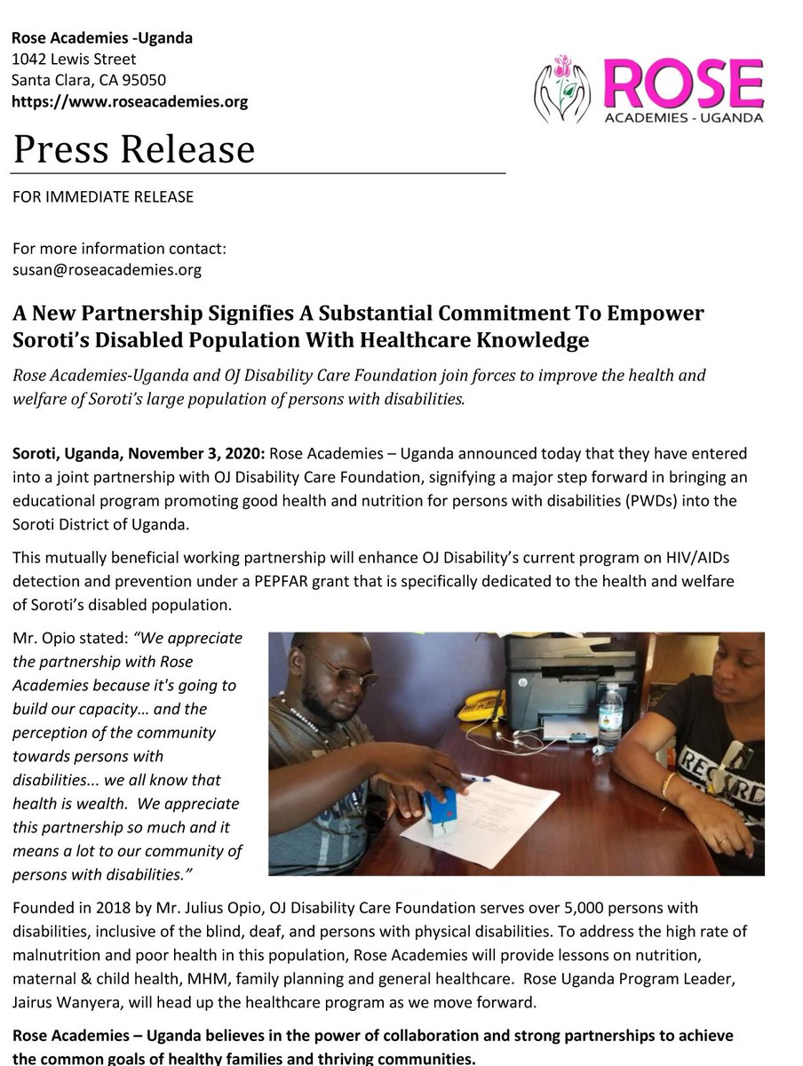 RoseAcademies's tweet photo. Breaking News!!  @RoseAcademies Uganda enters joint relationship with @OJdisability signifying a strong commitment to improve health and welfare of #PWDs in the Soroti District of #Uganda. #SavingLives #EmpoweringWithKnowledge https://t.co/JAsuCA1ufl