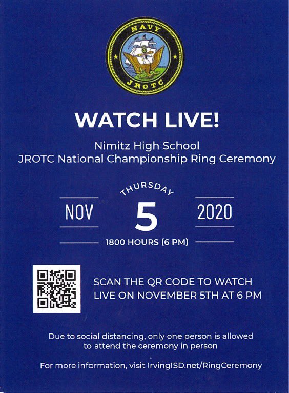 STUCOachQ's tweet photo. Make sure you check out our  #StateChampionship #RingCeremony for our #NimitzJROTC cadets! This will be a #livestream event you won’t want to miss! #AllNTogether #NimitzNation #IISDGameChanger https://t.co/LNtYP954y8