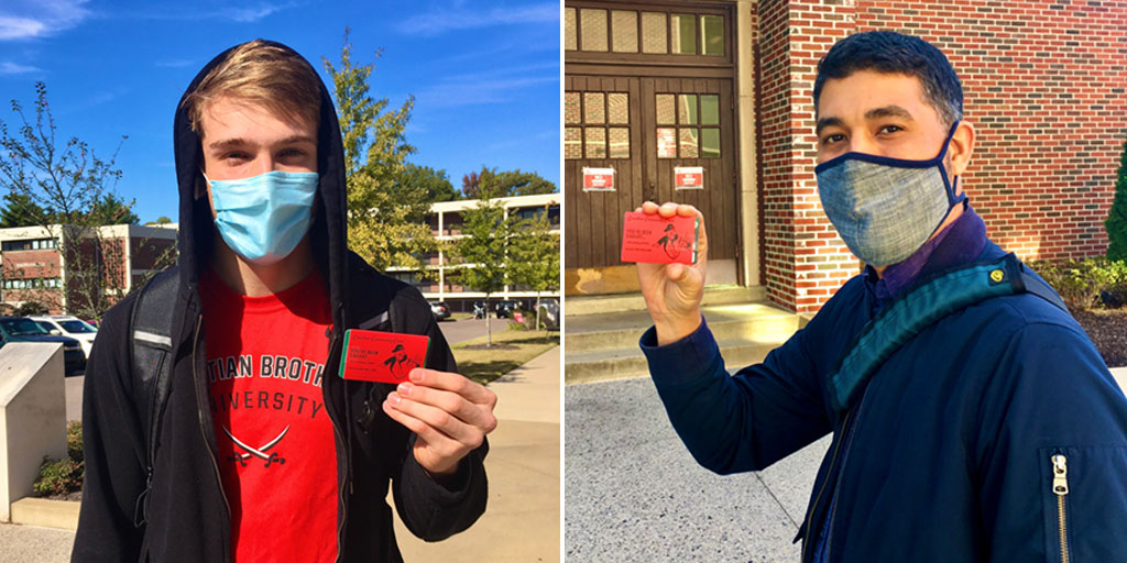 FromCBU's tweet photo. YOU’VE BEEN CAUGHT… Not Catching COVID! President @jacktshannon &amp; Campus Safety are passing out “Lasallian Community Chest” gift cards to thank members of our CBU Community for wearing a mask &amp; keeping us all safe. “#MaskUpCBU &amp; let them catch you not catching COVID too! https://t.co/O1oe8bilCq