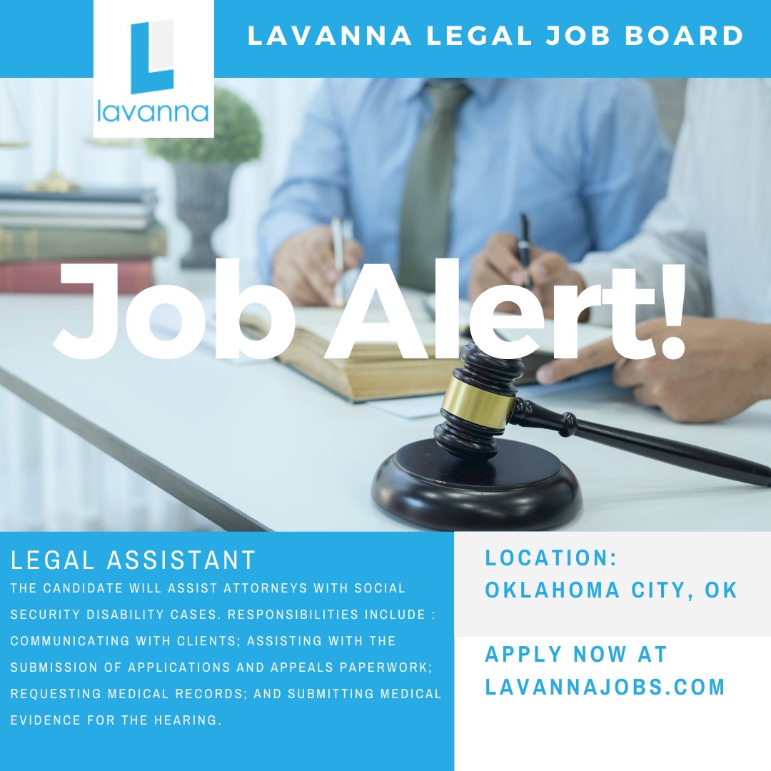 lavannajobs's tweet photo. #Job Alert! There's an opening for an #LegalAssistant at a #LawFirm in #OklahomaCity, #OK. Check it out and others at the Lavanna jobs website! #applynow #hiringnow

https://t.co/kiEkxDG5HG https://t.co/DLybTidRG5