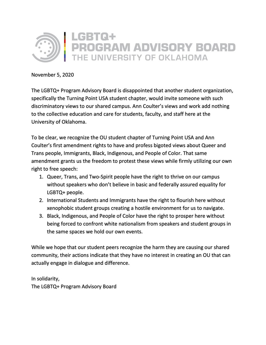 Ann Coulter does not represent me, my community, or my campus, and I’m deeply saddened that she will be welcomed here tonight by the OU student chapter of Turning Point USA.