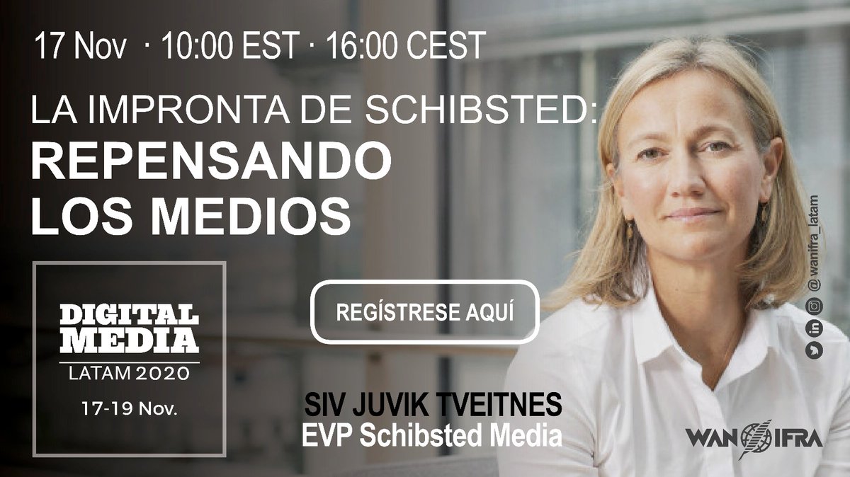 wanifraLATAM's tweet photo. ¡No te pierdas la sesión de #DML20 con
@sivjtv! Contaremos con traducción simultánea al español y al portugués. Consulta más información en https://t.co/Wsd7pSQkq6 y regístrate hoy mismo. El evento es gratuito e ilimitado para miembros de WAN-IFRA. https://t.co/rTItdJd21G