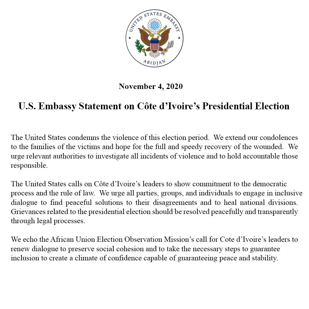 Meanwhile, the US calls upon Côte d'Ivoire's leaders “to show commitment to the democratic process and the rule of law”, urging “all parties, groups, and individuals to engage in inclusive dialogue to find peaceful solutions to their disagreements and to heal national divisions.“