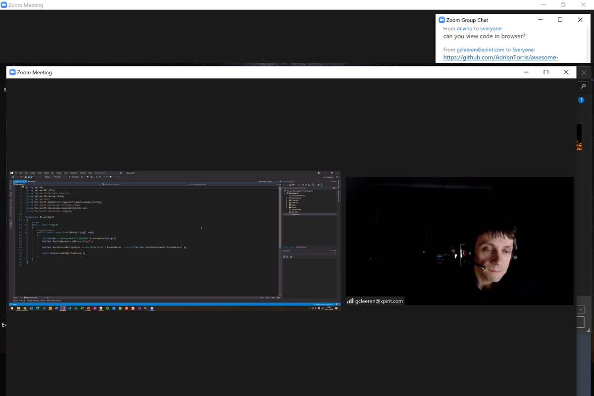 <a href="/gillcleeren/">gillcleeren</a>'s presentation in action on #Blazor at <a href="/MississaugaNetU/">MississaugaNetUG</a>  being streamed from Belgium.
