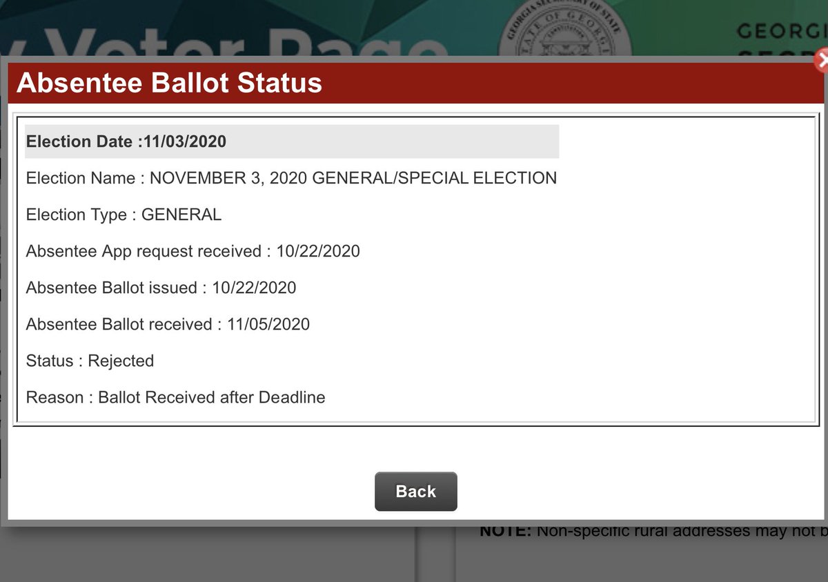 drewdoee's tweet photo. tell me how the absentee ballot is rejected because it was received after the deadline yet it was dropped off on Tuesday before the poles were closed and it says it is just now accepted today? hmm make sense! Absolutely ridiculous. @realDonaldTrump #rigged #MAGA2020 https://t.co/MkQUsatBpZ