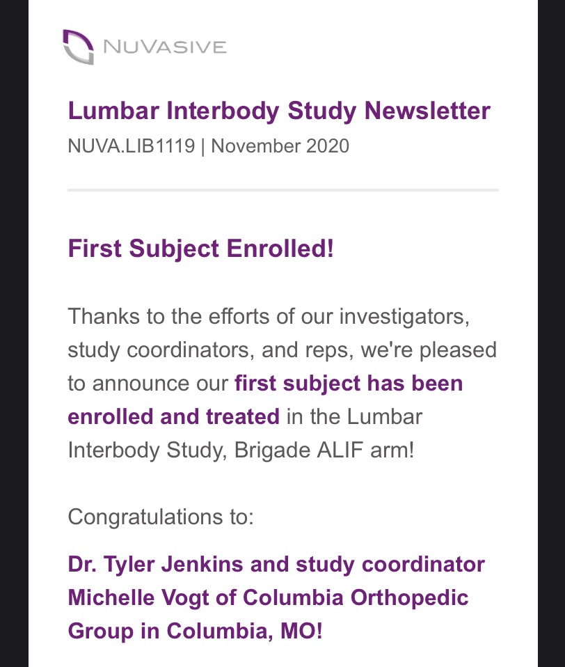 ColumbiaOrtho's tweet photo. Congratulations to Dr. Tyler Jenkins on his Lumbar Interbody Study! #ColumbiaOrthopaedicGroup #DefiningExcellence #DEx https://t.co/I9yIU6xQhy