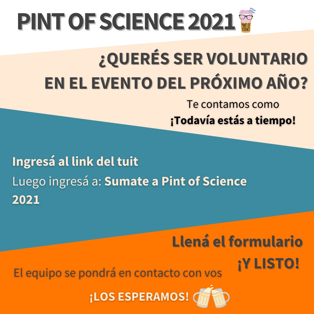 Del 17 al 19 de mayo de 2021, Pint of Science tendrá su segunda edición en Argentina 😃🇦🇷🧠🍺

Y podes unirte al equipo 😍🙌 ingresá en linktr.ee/pintofsciencear y completá el formulario, así de fácil! 

¡Te esperamos! 

#voluntarios #pintAr21 #pint #ciencia #cerveza <a href="/pintsworld/">Pint of Science World</a>