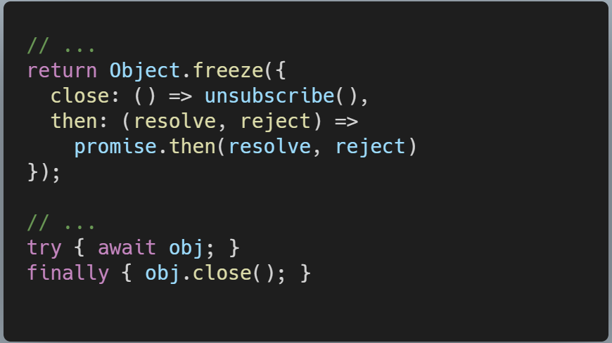 noseratio's tweet photo. @haysstanford A trick that `.then()` can be added to any object, making it await-able: https://t.co/eETmqWcbjV